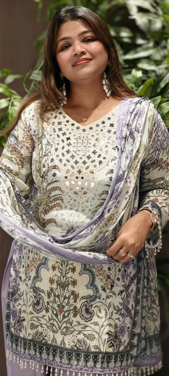 Real Mirror Elegance Flowy Crepe Digital Floral Prints Farshi Salwar Full Suit Set With Chiffon Dupatta- 16285