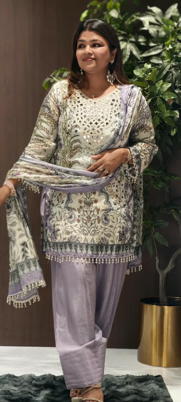 Real Mirror Elegance Flowy Crepe Digital Floral Prints Farshi Salwar Full Suit Set With Chiffon Dupatta- 16285