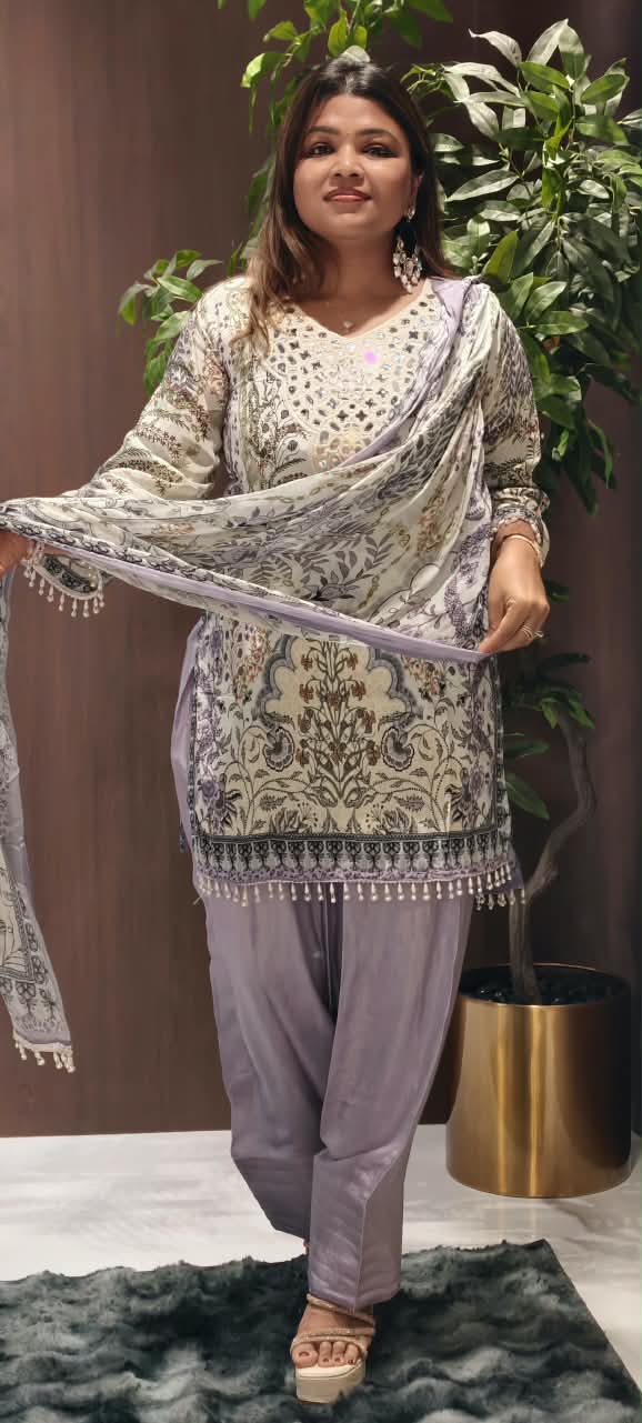 Real Mirror Elegance Flowy Crepe Digital Floral Prints Farshi Salwar Full Suit Set With Chiffon Dupatta- 16285