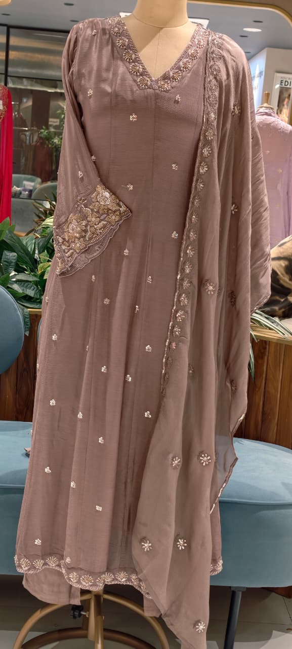 Heavy Chinon Cut-Dana Hand Embroidered Flared Anarkali Full Suit Set With Statement Dupatta- 15240