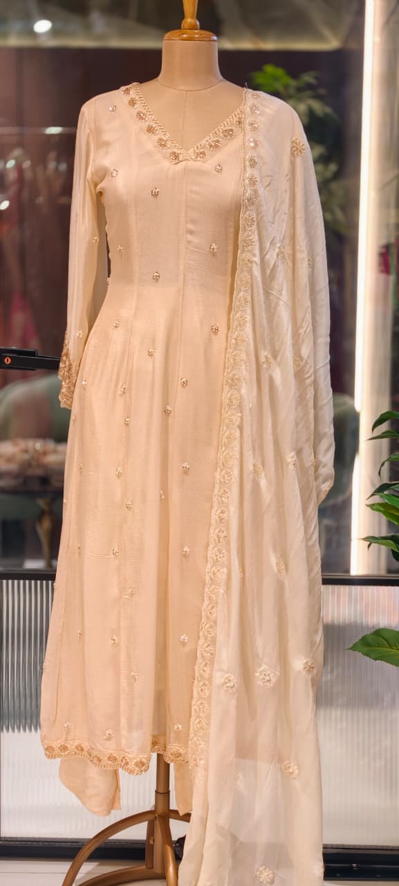 Heavy Chinon Cut-Dana Hand Embroidered Flared Anarkali Full Suit Set With Statement Dupatta- 15240