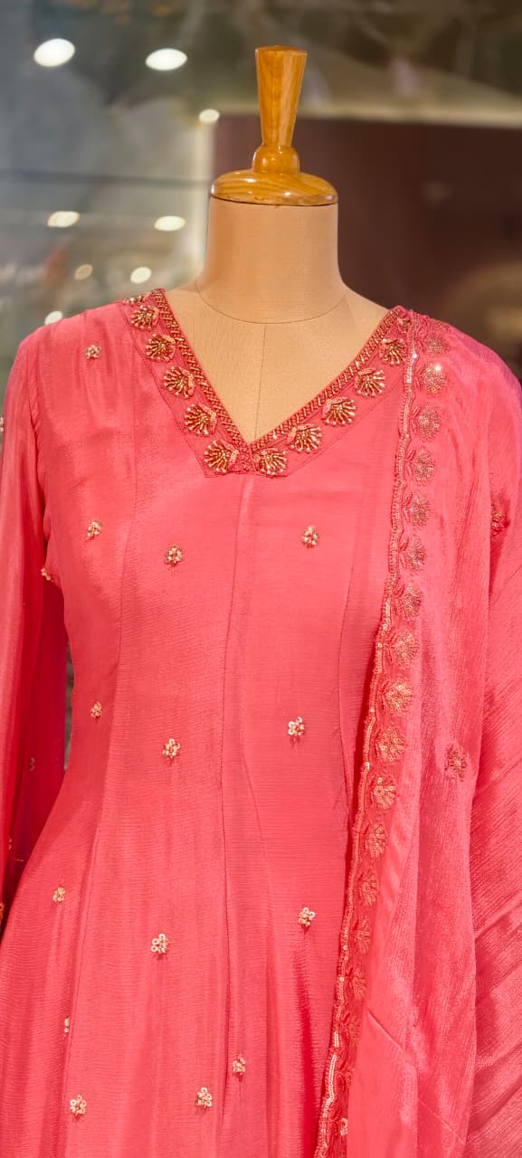 Heavy Chinon Cut-Dana Hand Embroidered Flared Anarkali Full Suit Set With Statement Dupatta- 15240