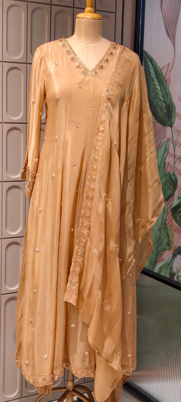 Heavy Chinon Cut-Dana Hand Embroidered Flared Anarkali Full Suit Set With Statement Dupatta- 15240