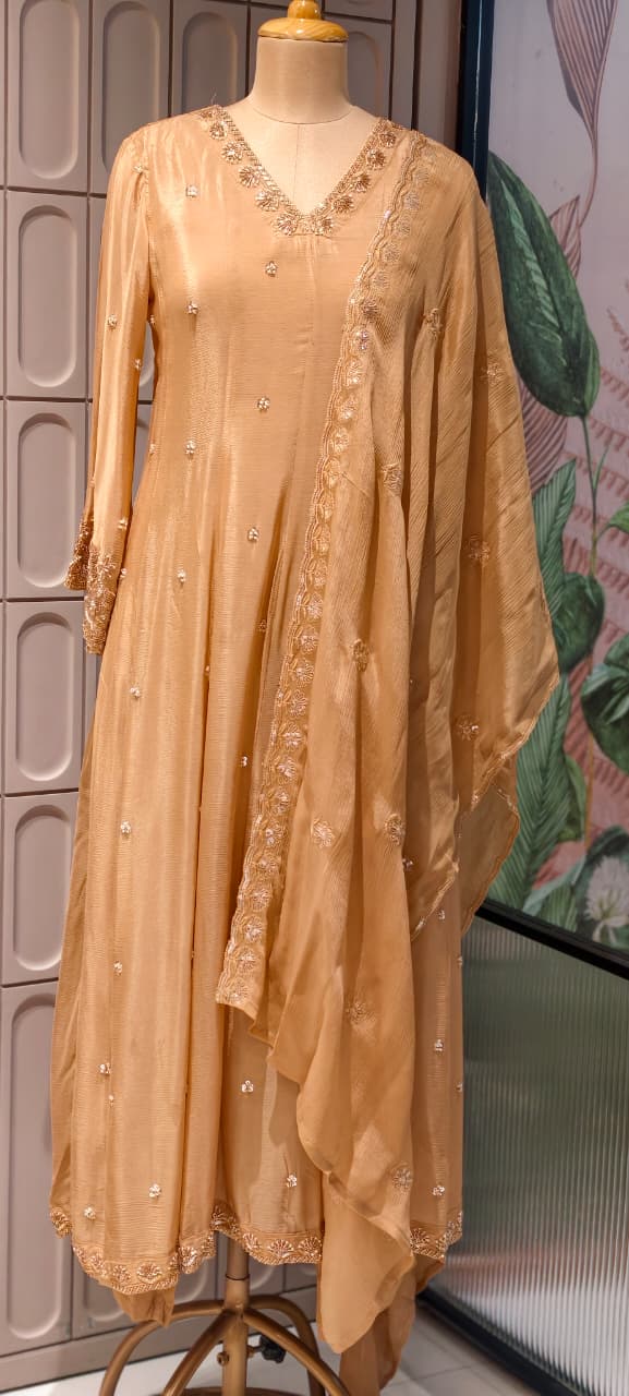 Heavy Chinon Cut-Dana Hand Embroidered Flared Anarkali Full Suit Set With Statement Dupatta- 15240