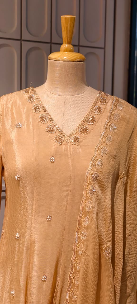Heavy Chinon Cut-Dana Hand Embroidered Flared Anarkali Full Suit Set With Statement Dupatta- 15240