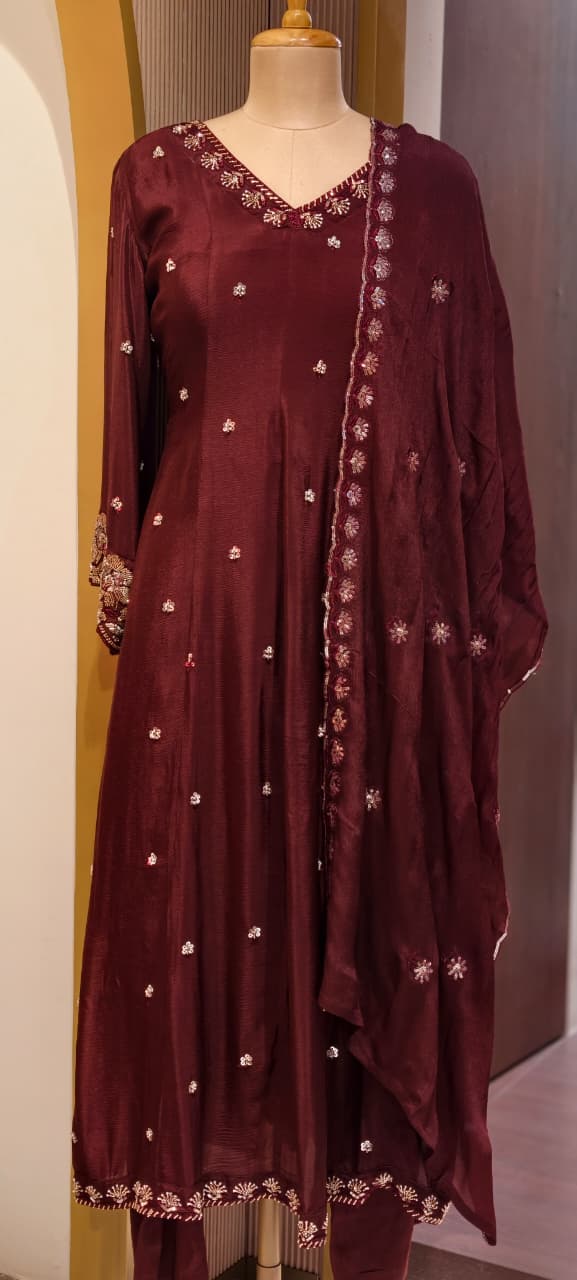 Heavy Chinon Cut-Dana Hand Embroidered Flared Anarkali Full Suit Set With Statement Dupatta- 15240