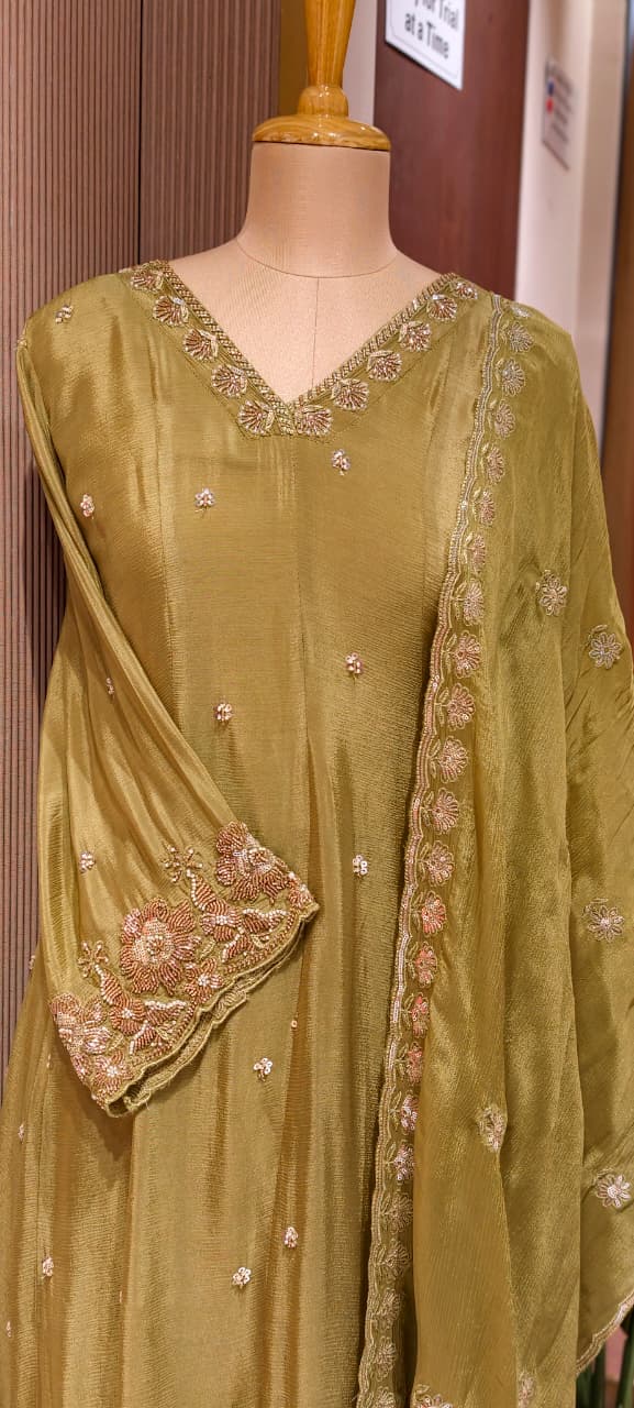 Heavy Chinon Cut-Dana Hand Embroidered Flared Anarkali Full Suit Set With Statement Dupatta- 15240