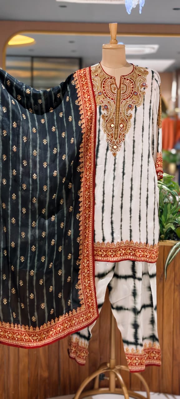 Jaipuri Inspired Pearl Real Mirror Embroidery Tassel Accent Crepe Kurta With Farsi Bottom & Dupatta- 15312