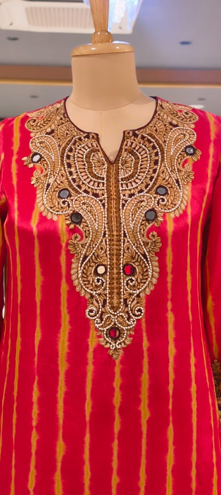 Jaipuri Inspired Pearl Real Mirror Embroidery Tassel Accent Crepe Kurta With Farsi Bottom & Dupatta- 15312