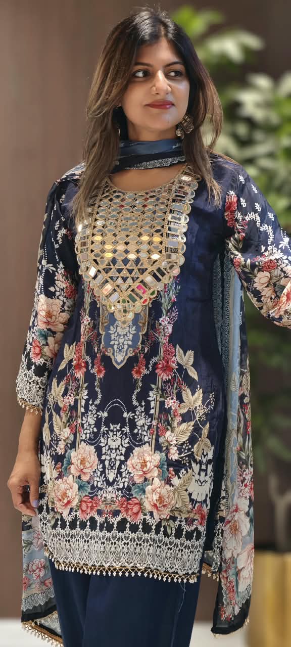 Royal Color Tone Real Mirror Yoke Digital Floral Prints Farshi Salwar Crepe Full Suit Set With Dupatta- 16283