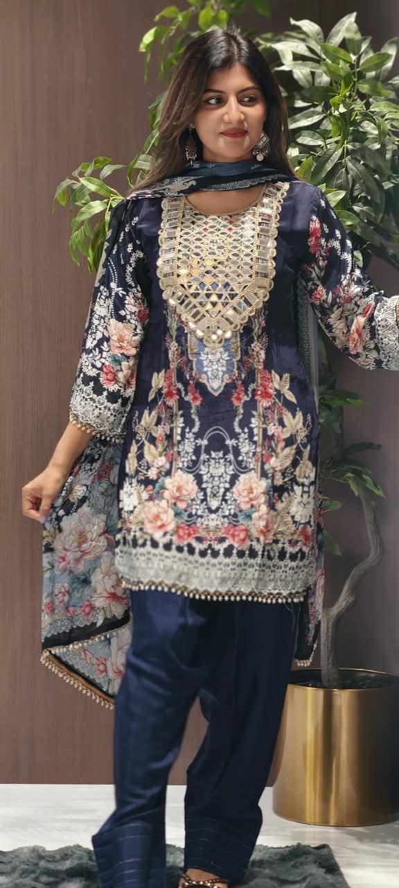 Royal Color Tone Real Mirror Yoke Digital Floral Prints Farshi Salwar Crepe Full Suit Set With Dupatta- 16283
