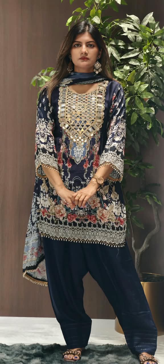 Royal Color Tone Real Mirror Yoke Digital Floral Prints Farshi Salwar Crepe Full Suit Set With Dupatta- 16283