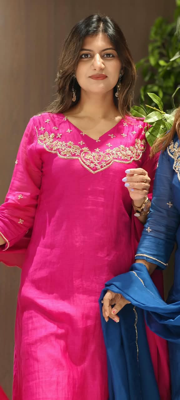 Dabka Golden Zardosi Embroidered Banarasi Mul-Chanderi A-Line Full Suit Set With Dupatta- 16267