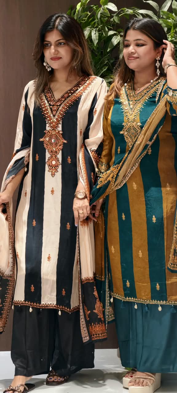 Pakistani Style Striped Elegance Dual Color Combination Crepe Full Suit Set With Dupatta- 16272