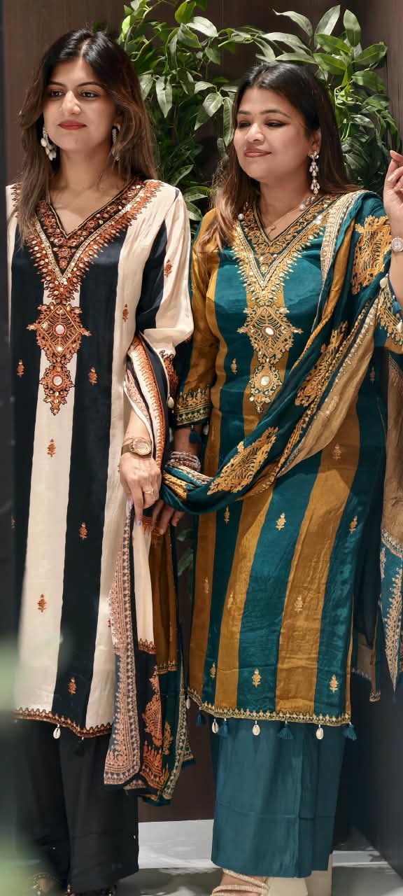 Pakistani Style Striped Elegance Dual Color Combination Crepe Full Suit Set With Dupatta- 16272