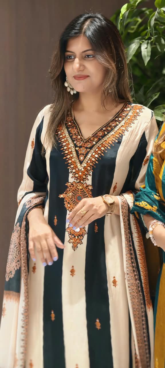 Pakistani Style Striped Elegance Dual Color Combination Crepe Full Suit Set With Dupatta- 16272