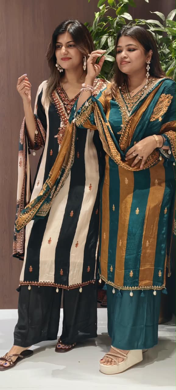 Pakistani Style Striped Elegance Dual Color Combination Crepe Full Suit Set With Dupatta- 16272