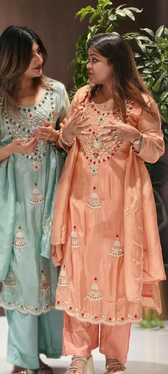 Red Gym Stone Jewel Elegance Elegant Handwork Tissue Full Suit Set With Loose Bottom & Dupatta- 16269