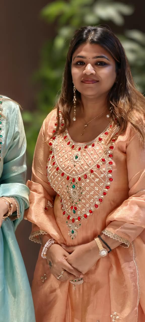 Red Gym Stone Jewel Elegance Elegant Handwork Tissue Full Suit Set With Loose Bottom & Dupatta- 16269