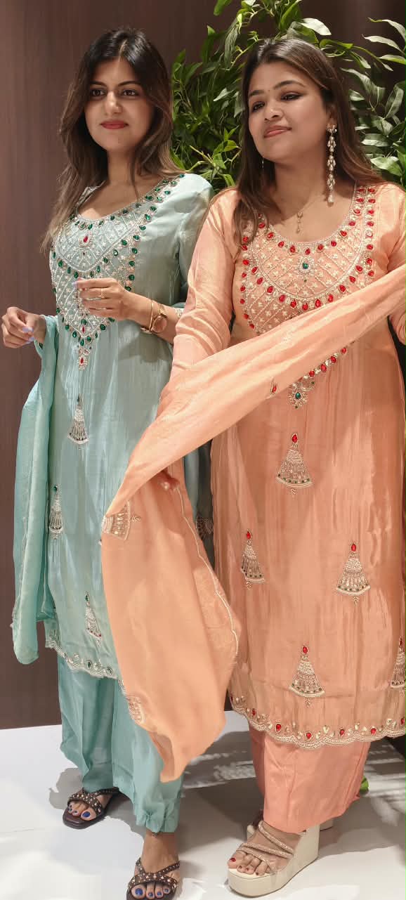 Red Gym Stone Jewel Elegance Elegant Handwork Tissue Full Suit Set With Loose Bottom & Dupatta- 16269