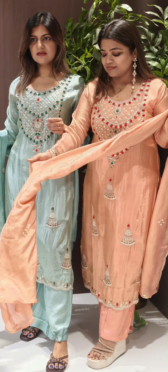 Red Gym Stone Jewel Elegance Elegant Handwork Tissue Full Suit Set With Loose Bottom & Dupatta- 16269