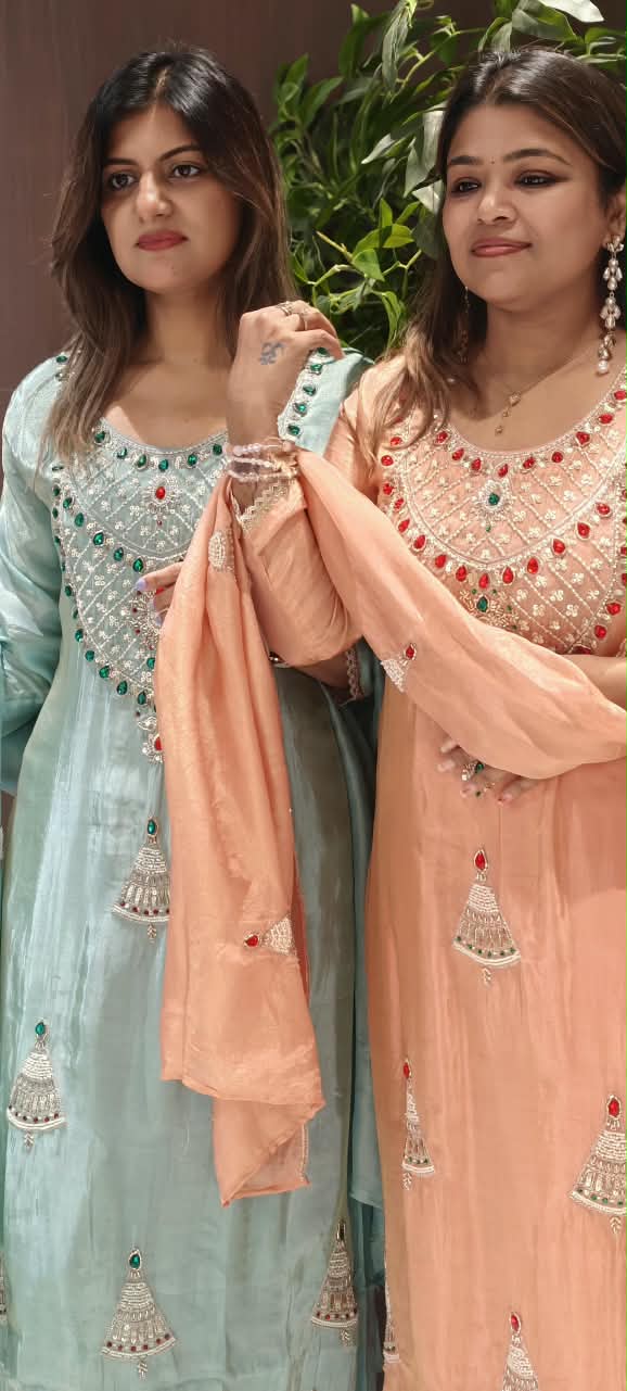 Red Gym Stone Jewel Elegance Elegant Handwork Tissue Full Suit Set With Loose Bottom & Dupatta- 16269