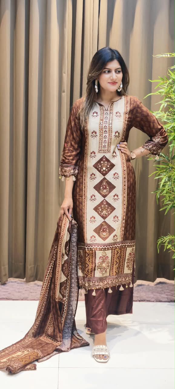 Bold Color Palette Pakistani Look Full Length Russian Silk Tassel Accent Full Suit Set With Dupatta- 16251