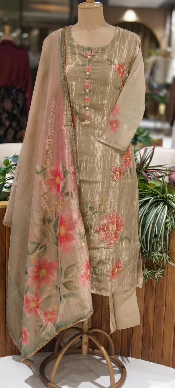 Cute Floral Prints With Delicate Embroidery Outlines Crush Tissue Full Suit Set With Dupatta- 16311
