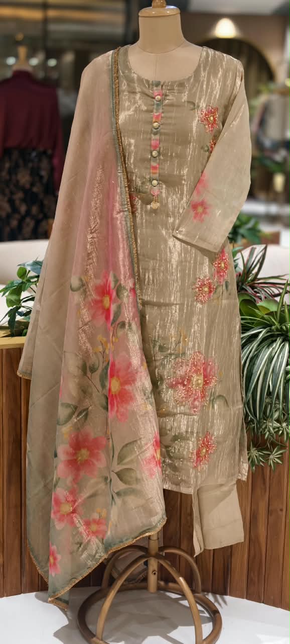 Cute Floral Prints With Delicate Embroidery Outlines Crush Tissue Full Suit Set With Dupatta- 16311