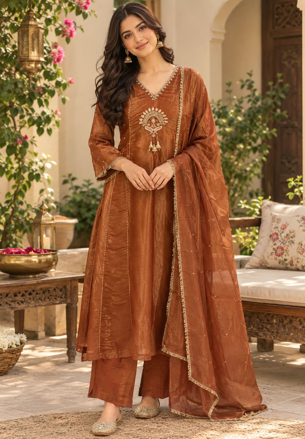 Premium Designer Kundan Look Embroidered Tissue Lace Panel Anarkali Full Suit Set With Dupatta- 16297