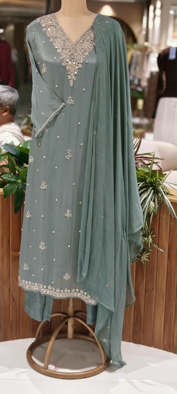 Elegant Real Mirror Zardosi Scattered Embroidery Chinon A-Line Full Suit Set With Dupatta- 16330