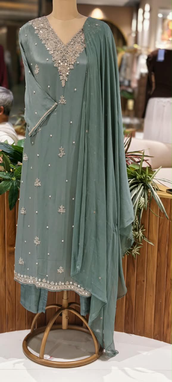Elegant Real Mirror Zardosi Scattered Embroidery Chinon A-Line Full Suit Set With Dupatta- 16330