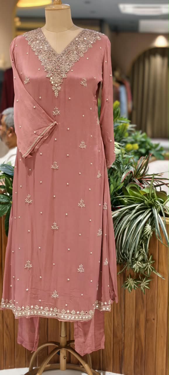 Elegant Real Mirror Zardosi Scattered Embroidery Chinon A-Line Full Suit Set With Dupatta- 16330