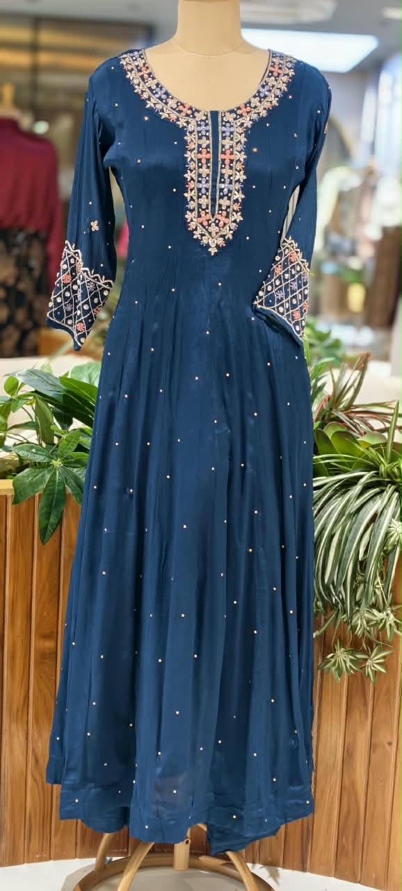 Royal Vibrant Shade Intricate Embroidered Neckline Scattered Stone Chinon Panel Anarkali Full Suit Set With Dupatta- 16328