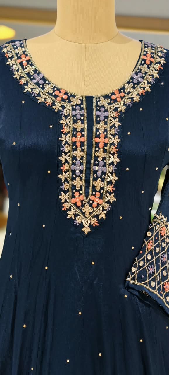 Royal Vibrant Shade Intricate Embroidered Neckline Scattered Stone Chinon Panel Anarkali Full Suit Set With Dupatta- 16328