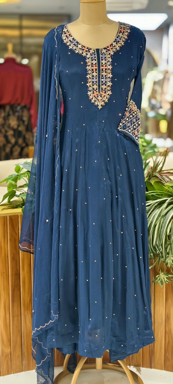 Royal Vibrant Shade Intricate Embroidered Neckline Scattered Stone Chinon Panel Anarkali Full Suit Set With Dupatta- 16328