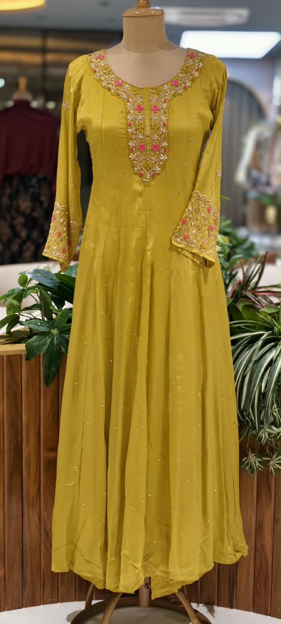 Mustard Elegance Pink Hightlights Floral Embroidered Front Work Panel Chinon Anarkali Full Suit Set With Dupatta- 16328