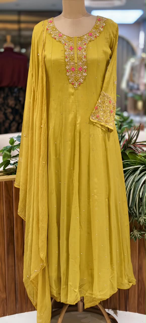 Mustard Elegance Pink Hightlights Floral Embroidered Front Work Panel Chinon Anarkali Full Suit Set With Dupatta- 16328