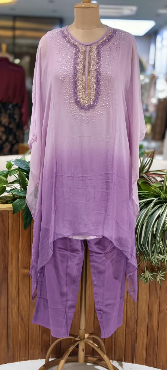 Elegant Cut-Dana Sequin Celestial Embroidery Yoke Soft Chiffon Kaftan With Inner & Bottom In Ombre Shade- 16334