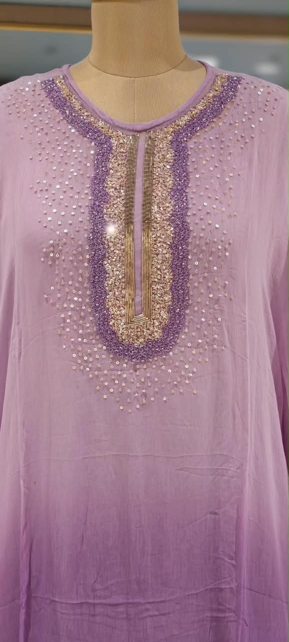 Elegant Cut-Dana Sequin Celestial Embroidery Yoke Soft Chiffon Kaftan With Inner & Bottom In Ombre Shade- 16334