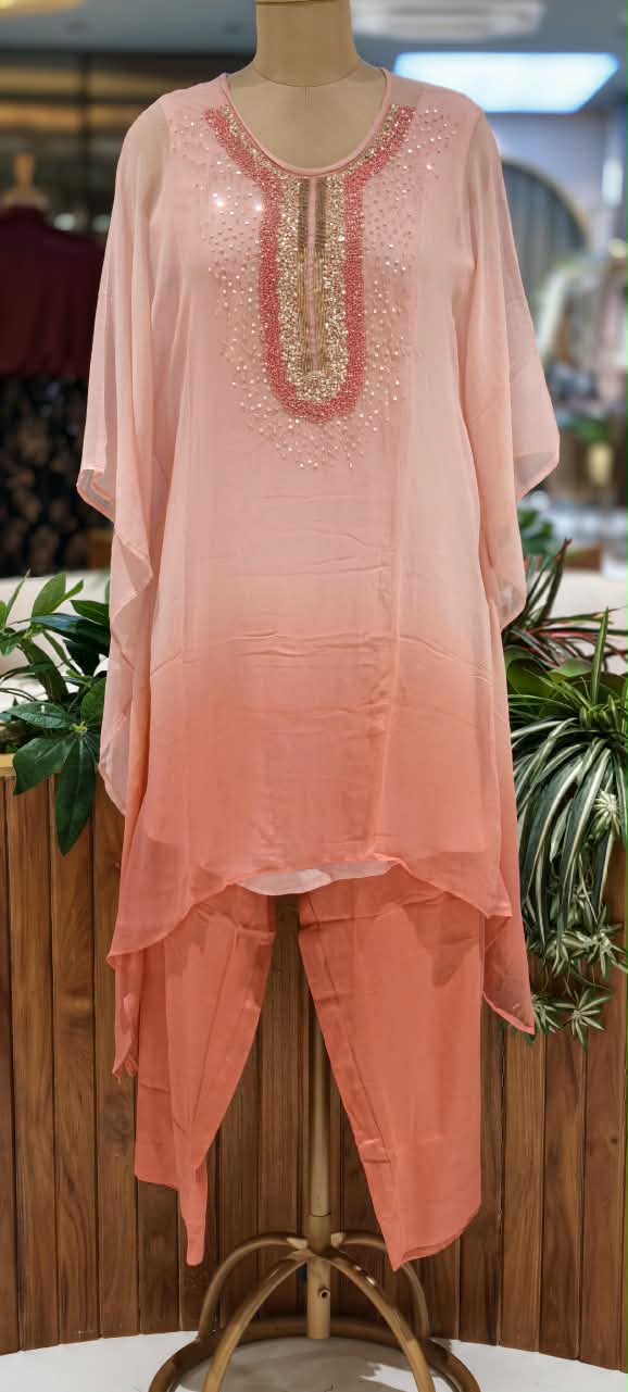 Elegant Cut-Dana Sequin Celestial Embroidery Yoke Soft Chiffon Kaftan With Inner & Bottom In Ombre Shade- 16334