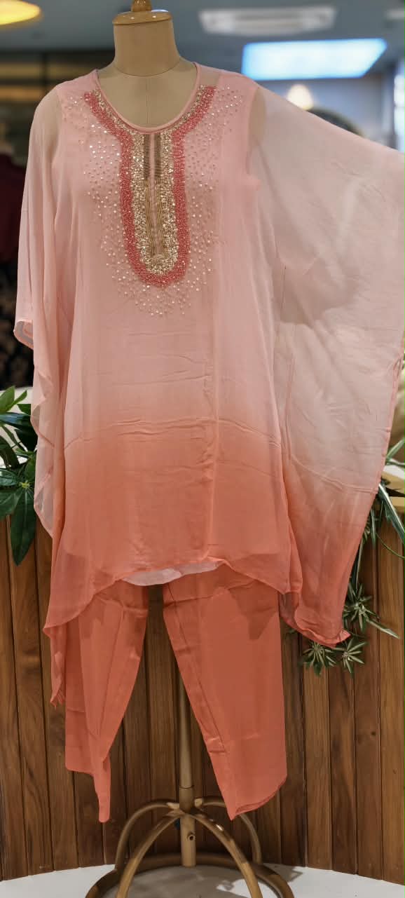 Elegant Cut-Dana Sequin Celestial Embroidery Yoke Soft Chiffon Kaftan With Inner & Bottom In Ombre Shade- 16334