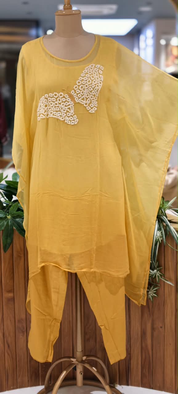 Cut-Dana Butterfly Elegant Embroidery Front Work Beautiful Shades Chinon Kaftan With Matching Inner & Bottom- 16333