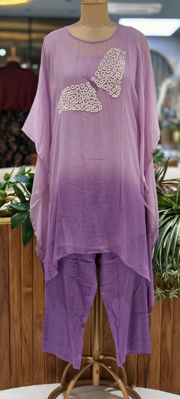 Cut-Dana Butterfly Elegant Embroidery Front Work Beautiful Shades Chinon Kaftan With Matching Inner & Bottom- 16333