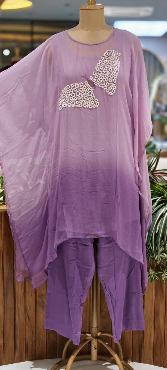 Cut-Dana Butterfly Elegant Embroidery Front Work Beautiful Shades Chinon Kaftan With Matching Inner & Bottom- 16333