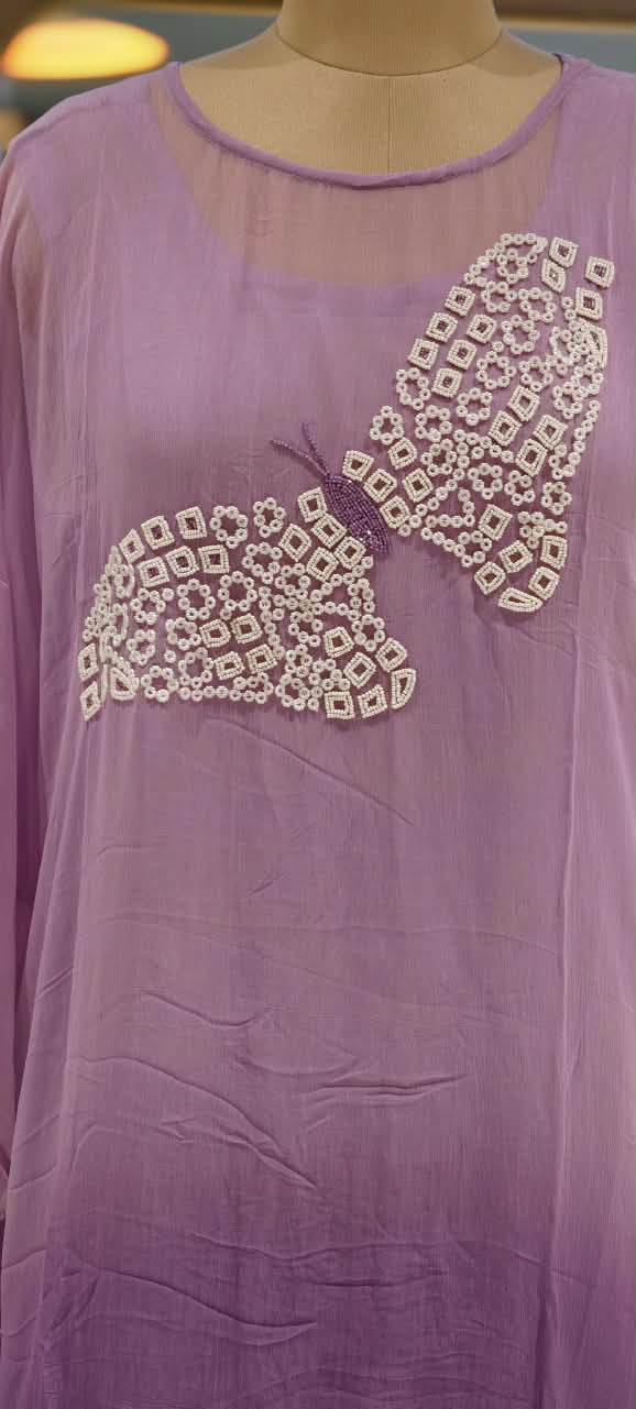 Cut-Dana Butterfly Elegant Embroidery Front Work Beautiful Shades Chinon Kaftan With Matching Inner & Bottom- 16333
