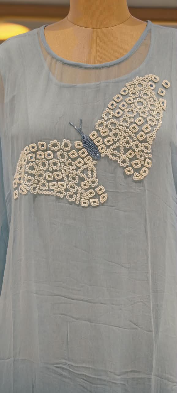 Cut-Dana Butterfly Elegant Embroidery Front Work Beautiful Shades Chinon Kaftan With Matching Inner & Bottom- 16333