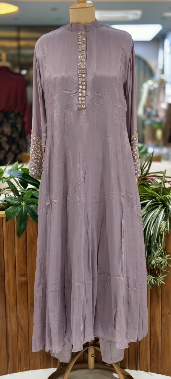 Pastel Tone Elegant Stone Work Over Neckline & Sleeves Full Neck Chinon Panel Anarkali Full Suit Set With Dupatta- 16305