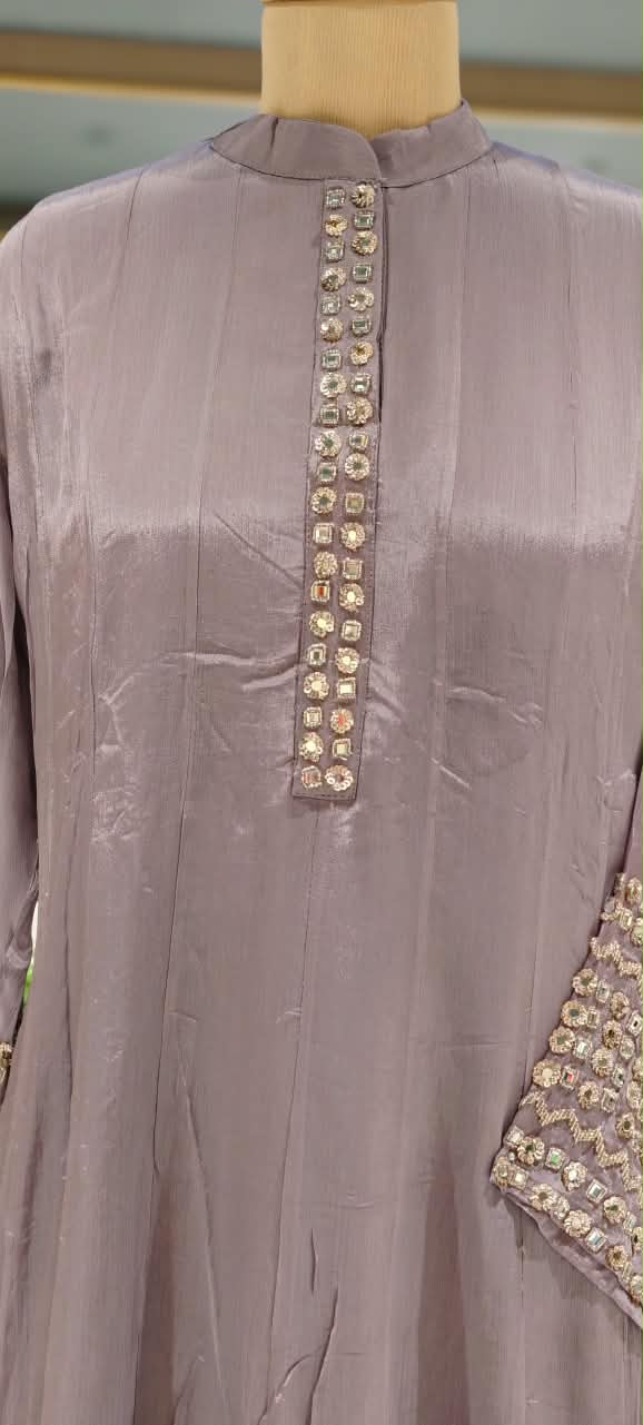 Pastel Tone Elegant Stone Work Over Neckline & Sleeves Full Neck Chinon Panel Anarkali Full Suit Set With Dupatta- 16305