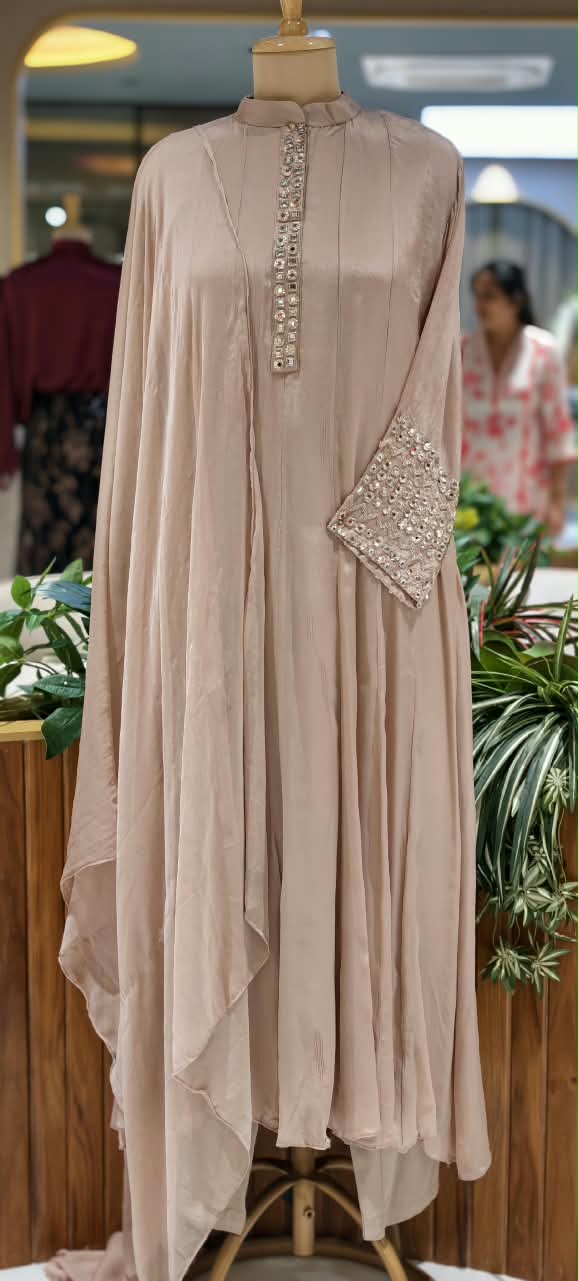 Pastel Tone Elegant Stone Work Over Neckline & Sleeves Full Neck Chinon Panel Anarkali Full Suit Set With Dupatta- 16305